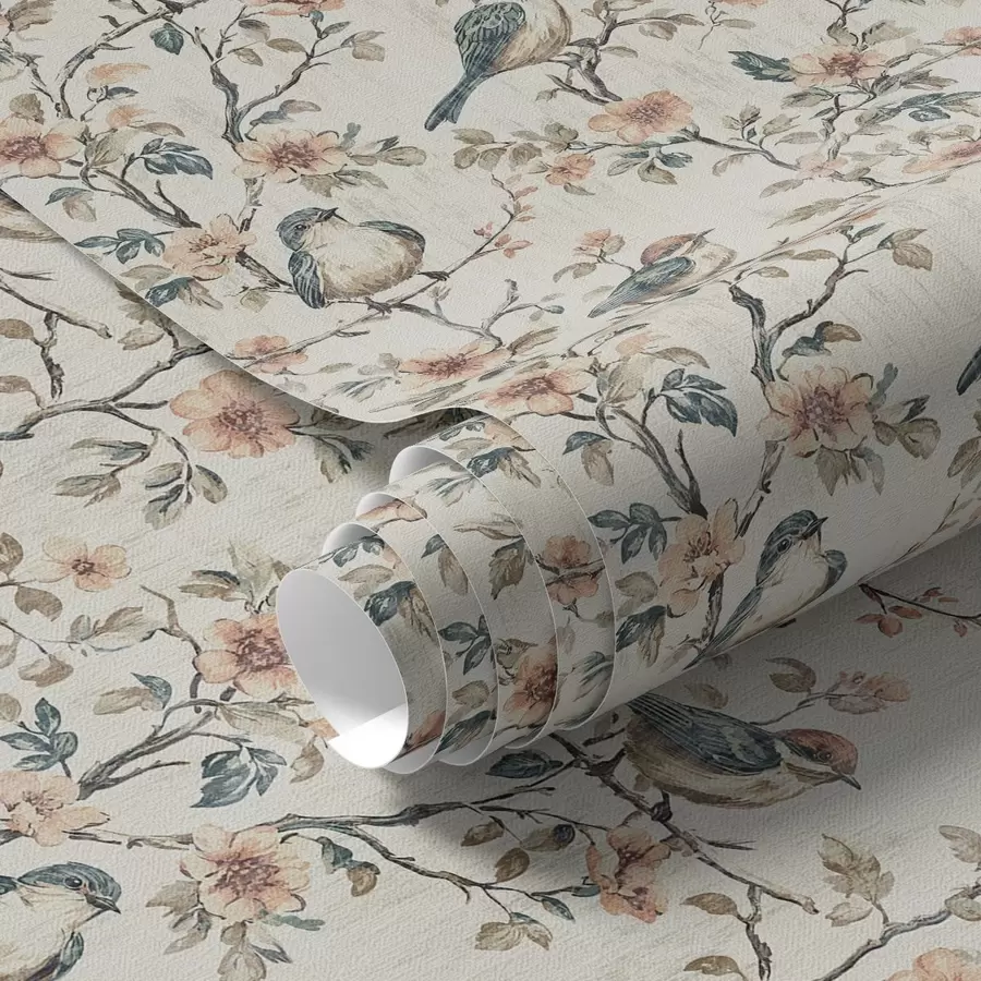 fototapeter Fugle på grene med blomster i retro akvarel-stil a00197