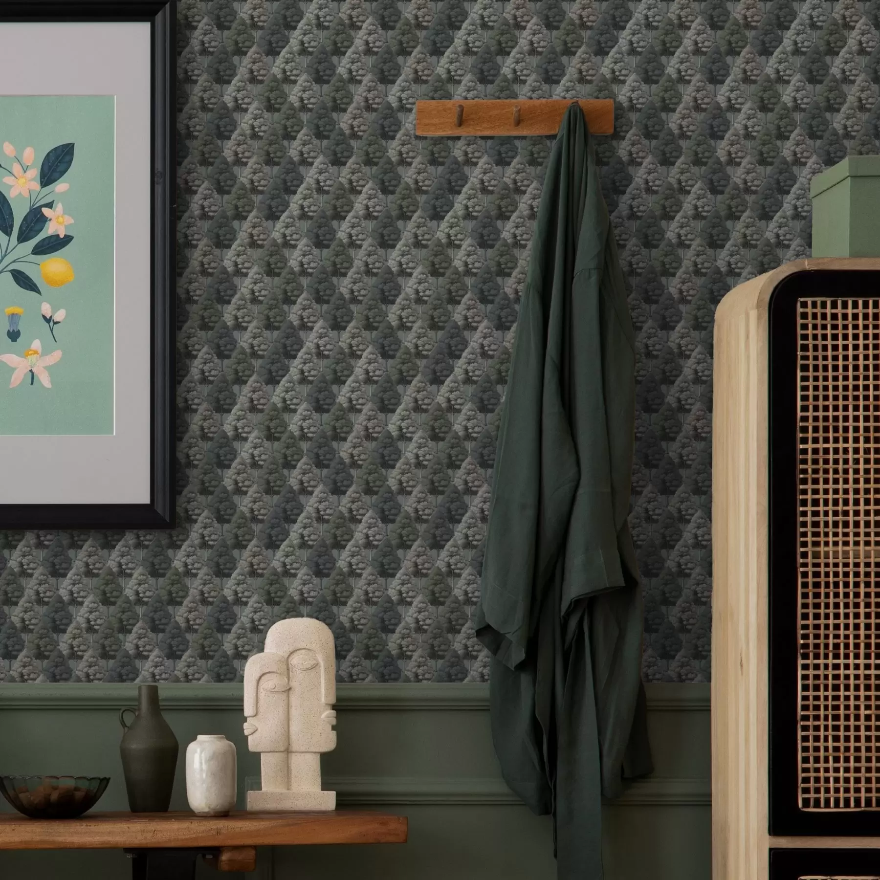 fototapeter Geometrisk skovmønster med træer i grønne farver a00209