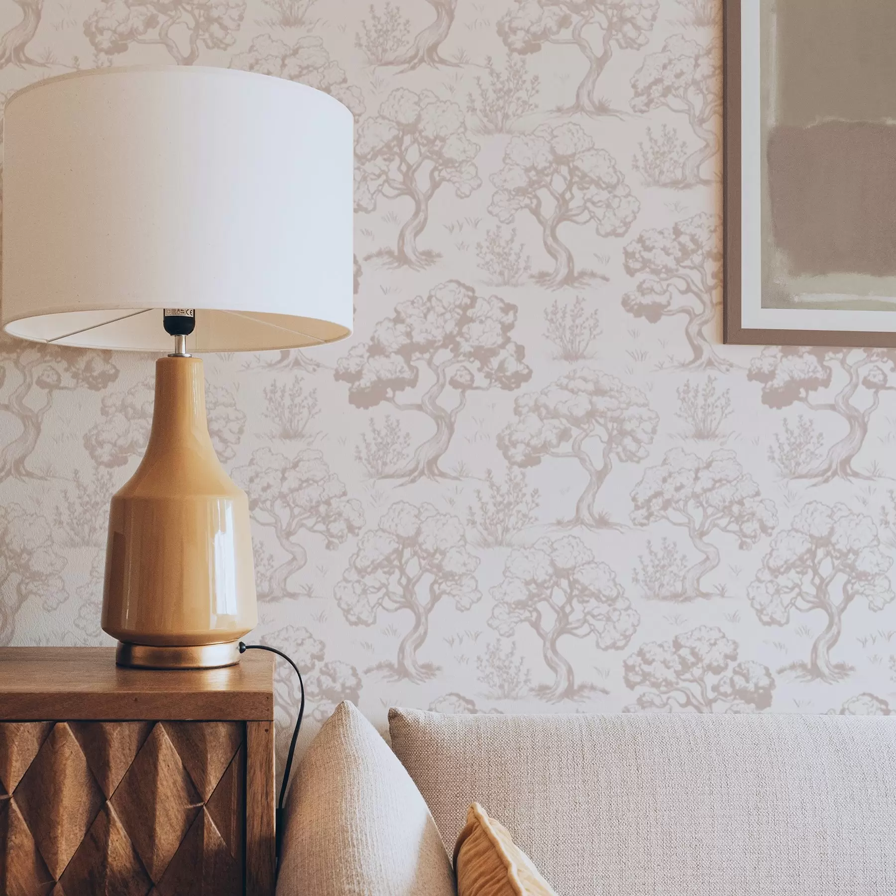 fototapeter Monokromatiske silhuetter af træer i vintagestil, beige farveskema a00210