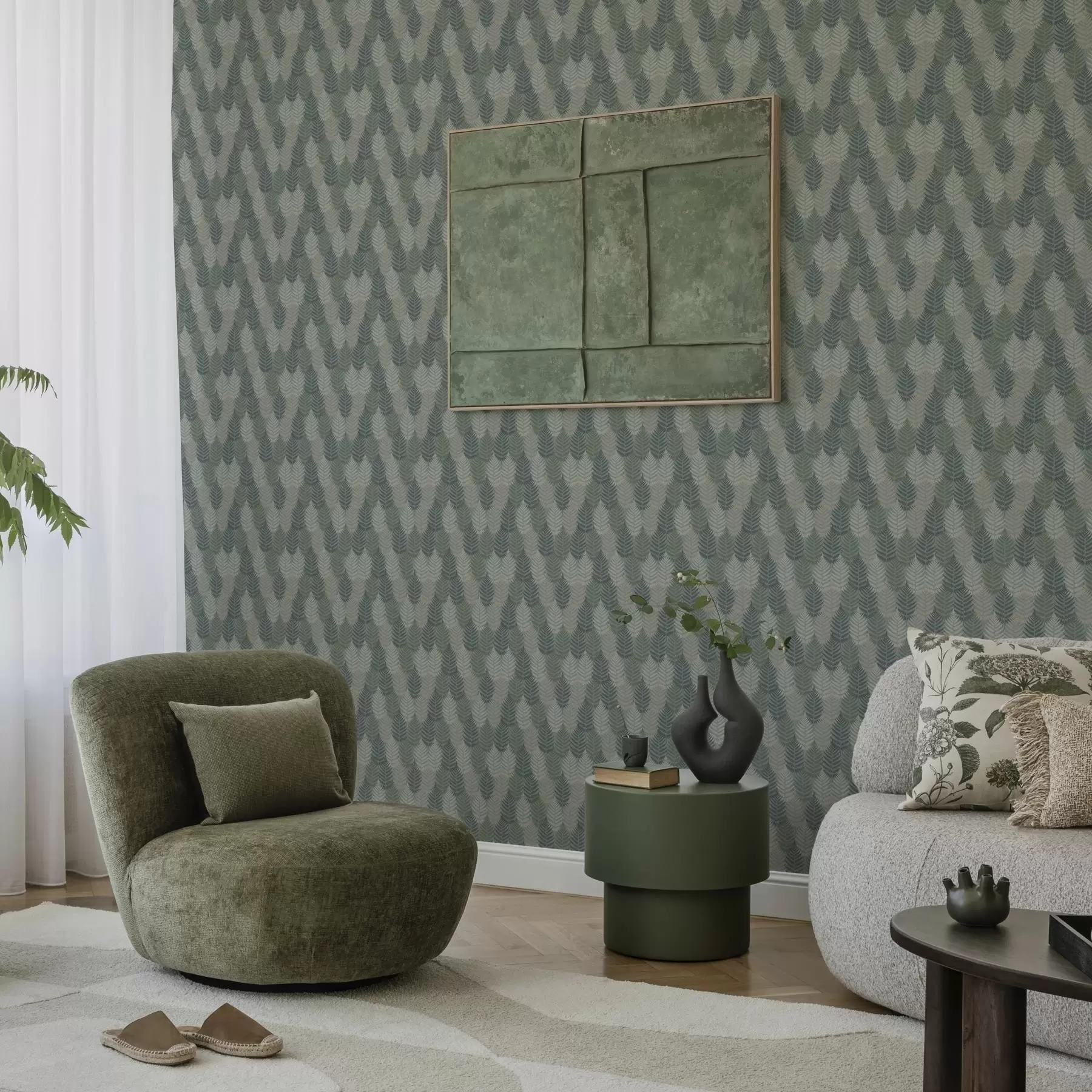 Murale Feuilles de fougère, motif géométrique, couleurs vertes et bleues a00211