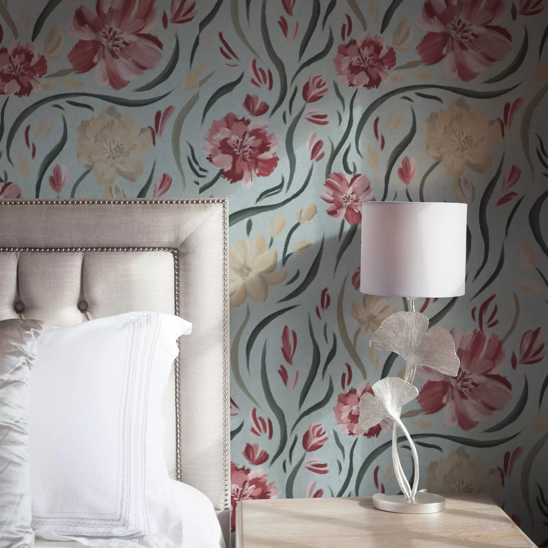 fototapeter Akvarelblomster på blå baggrund, rødt og beige mønster a00216