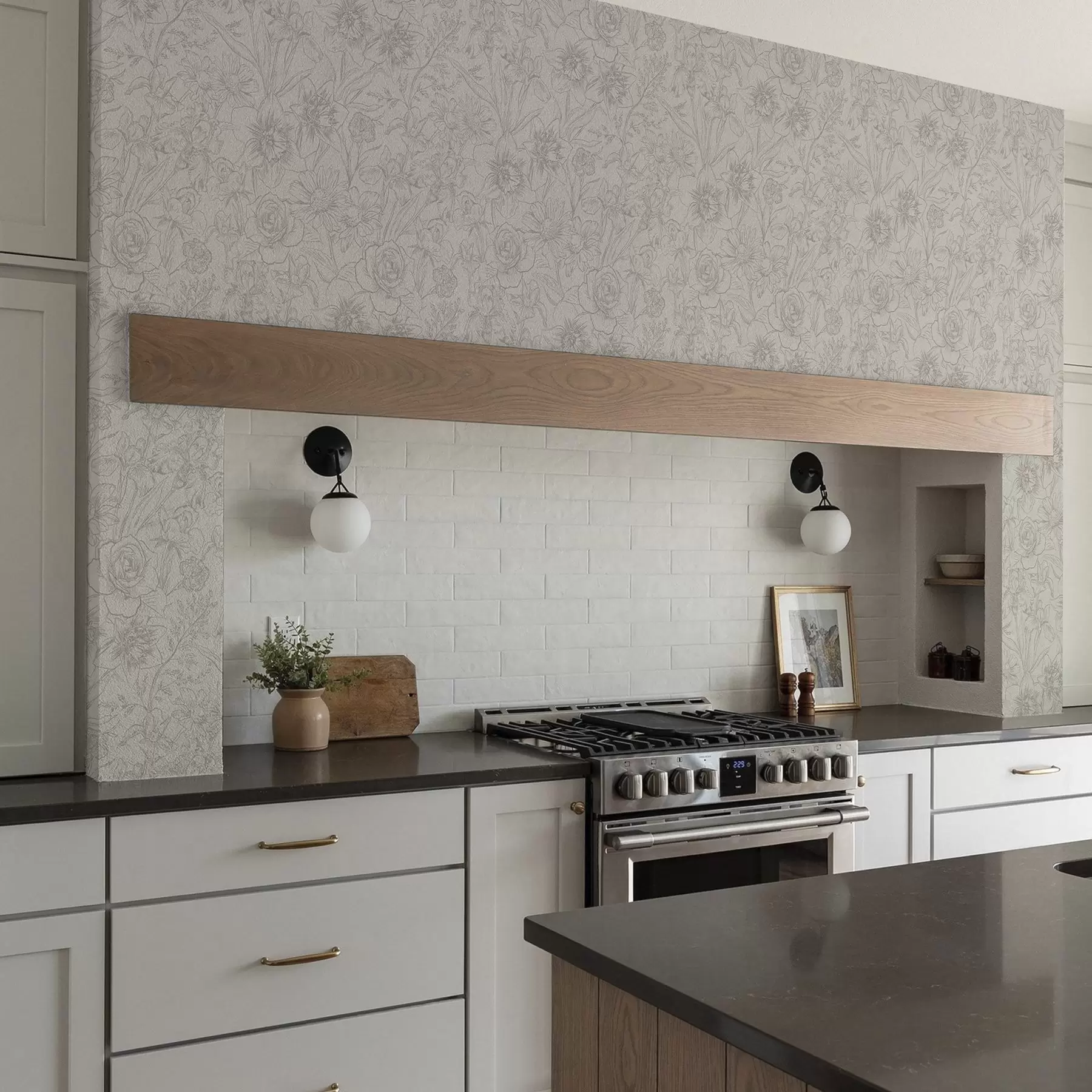 fototapeter Konturblomster på en cremefarvet baggrund, delikat blomstermønster a00218