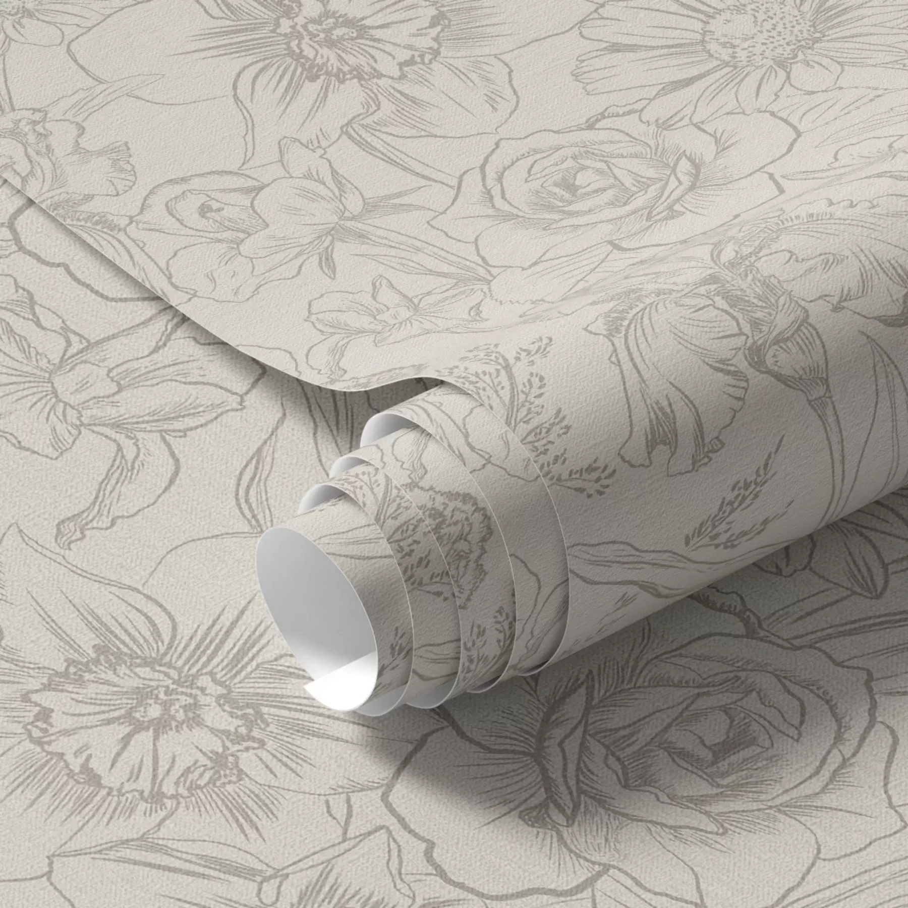 Fototapete Konturenblumen auf cremefarbenem Hintergrund, zartes Blumenmuster a00218