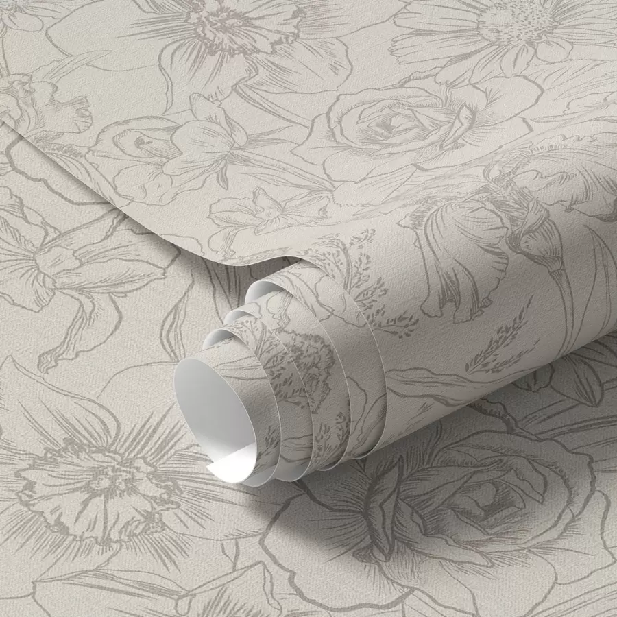 fototapeter Konturblomster på en cremefarvet baggrund, delikat blomstermønster a00218