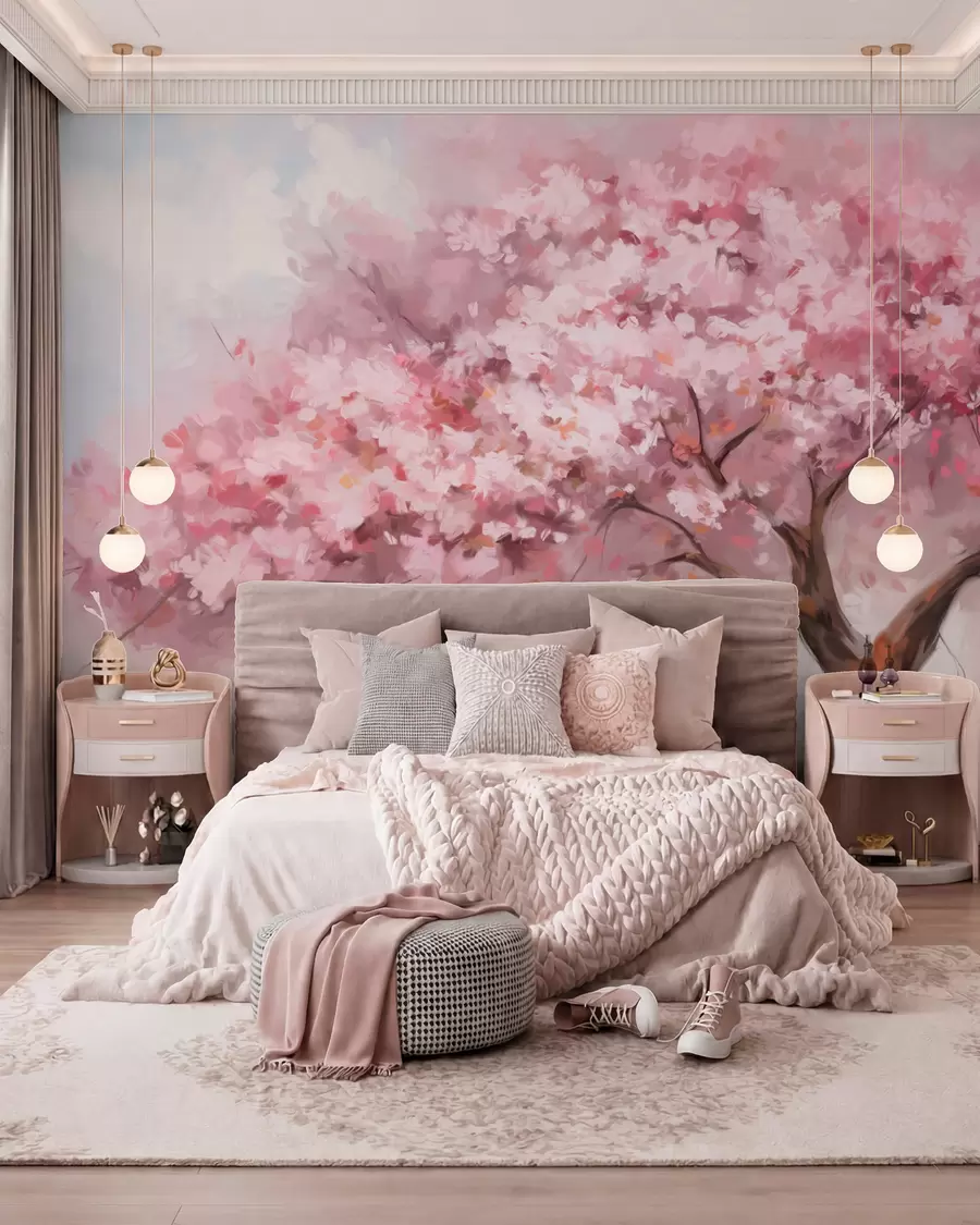 fototapeter Abstrakt lyserødt blomstertræ i fuldt flor, ved siden af en flod, bløde teksturerede penselstrøg og pastelfarver w09193