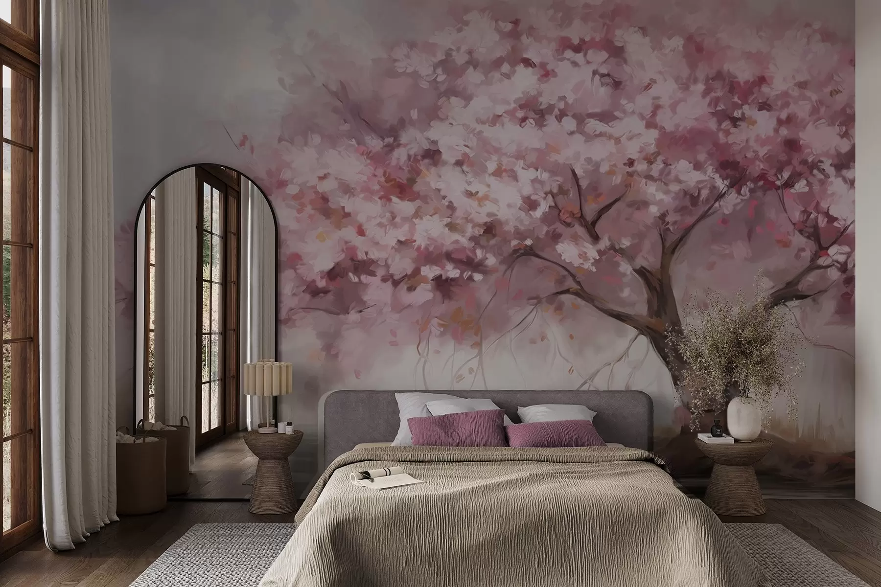fototapeter Abstrakt lyserødt blomstertræ i fuldt flor, ved siden af en flod, bløde teksturerede penselstrøg og pastelfarver w09193