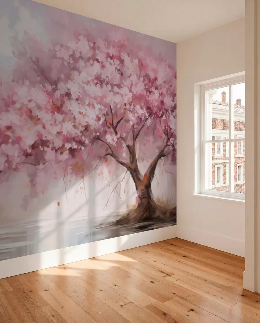 fototapeter Abstrakt lyserødt blomstertræ i fuldt flor, ved siden af en flod, bløde teksturerede penselstrøg og pastelfarver w09193