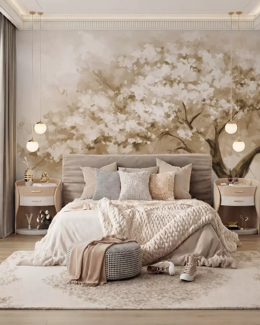 fototapeter Abstrakt beige blomstertræ i fuldt flor, ved siden af en flod, bløde teksturerede penselstrøg og pastelfarver w09193v1