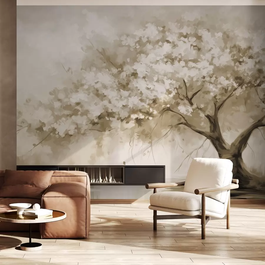 fototapeter Abstrakt beige blomstertræ i fuldt flor, ved siden af en flod, bløde teksturerede penselstrøg og pastelfarver w09193v1