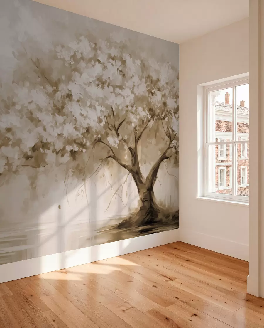 fototapeter Abstrakt beige blomstertræ i fuldt flor, ved siden af en flod, bløde teksturerede penselstrøg og pastelfarver w09193v1