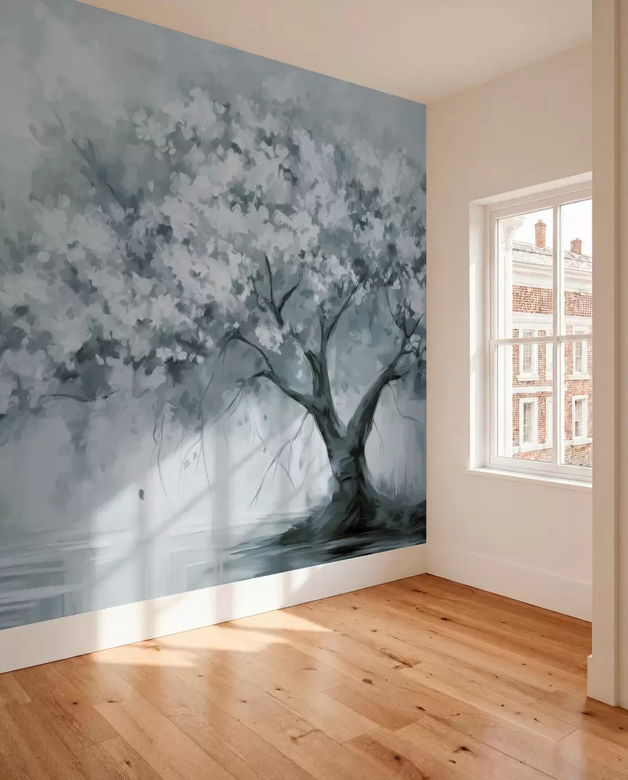 fototapeter Abstrakt dæmpet blåt blomstertræ i fuldt flor, ved siden af en flod, bløde teksturerede penselstrøg og pastelfarver w09193v2