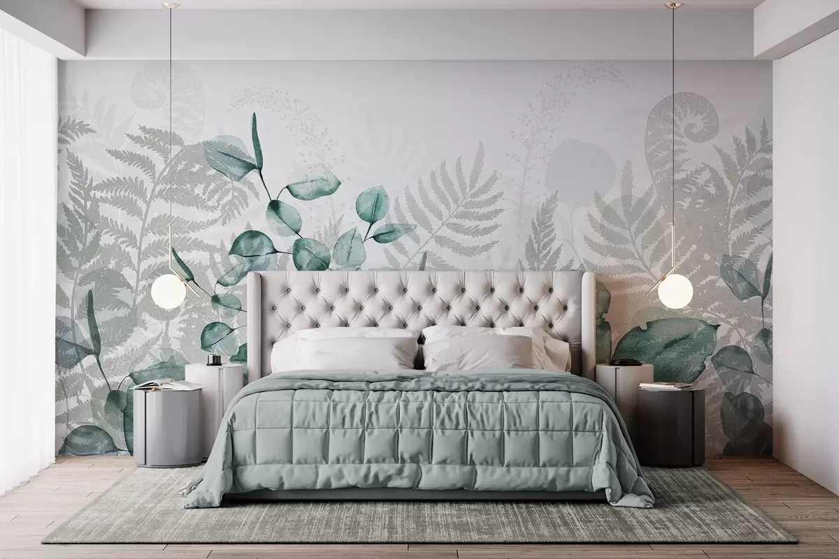 fototapeter Eukalyptus- og bregneblade i grønne og grå nuancer, akvareleffekt, botanisk illustration w09197