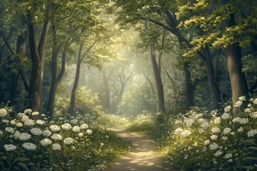 fototapeter Sti i den grønne skov, hvide blomster, sollys, tegning i akrylstil w04119