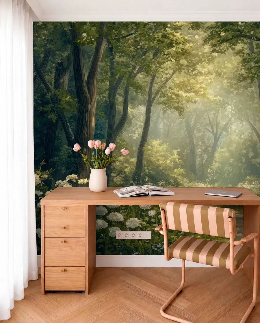 fototapeter Sti i den grønne skov, hvide blomster, sollys, tegning i akrylstil w04119