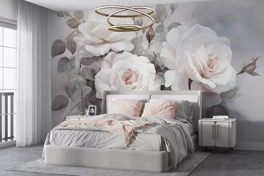 fototapeter Strukturerede hvide roser med blade og stilke, bløde dæmpede pastelfarver, elegant vintagestil, sarte penselstrøg w09198