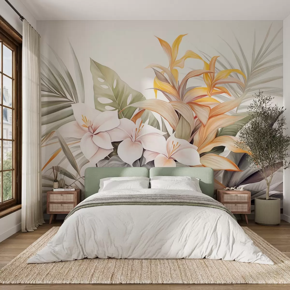 fototapeter Botanisk illustration af tropiske blomster med palme- og monstera-blade, bløde farver, akvarel-stil w09201