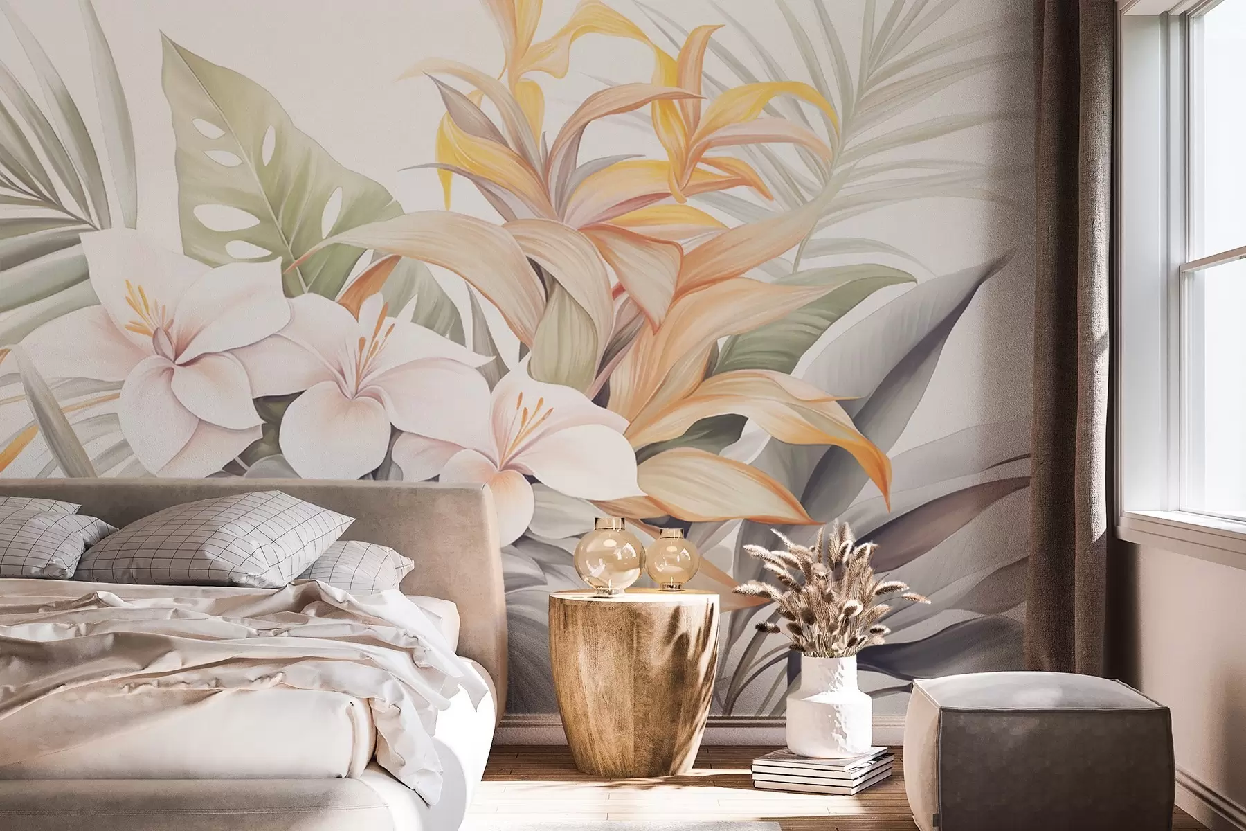 fototapeter Botanisk illustration af tropiske blomster med palme- og monstera-blade, bløde farver, akvarel-stil w09201