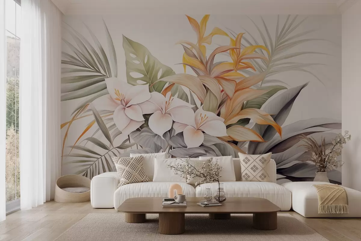 fototapeter Botanisk illustration af tropiske blomster med palme- og monstera-blade, bløde farver, akvarel-stil w09201