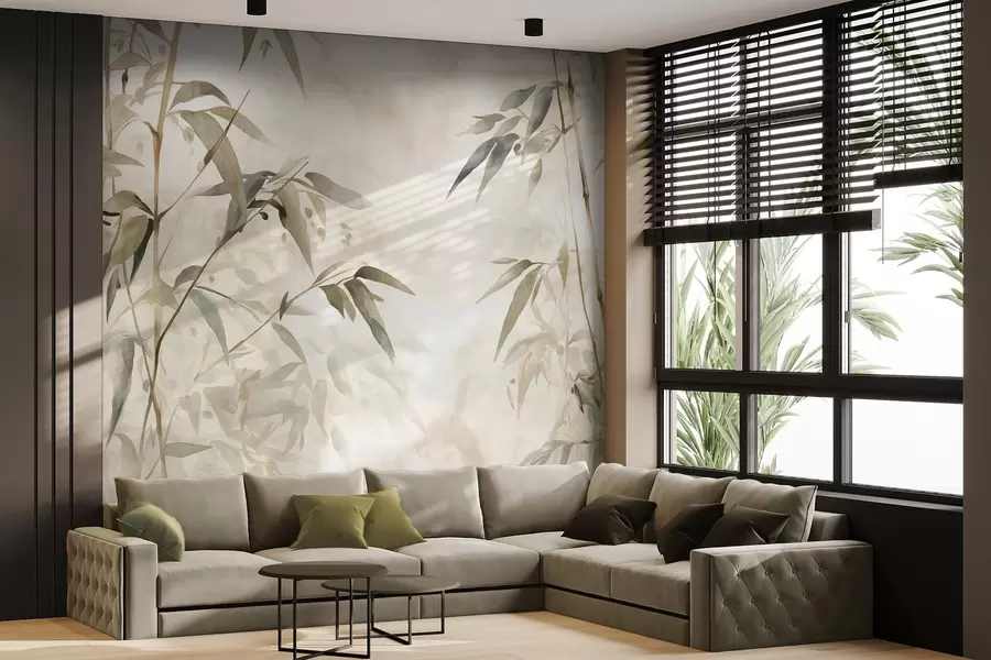 Murale Branches de bambou texturées avec des feuilles dans un style aquarelle, palette de couleurs neutres et douces, fond beige clair w09204