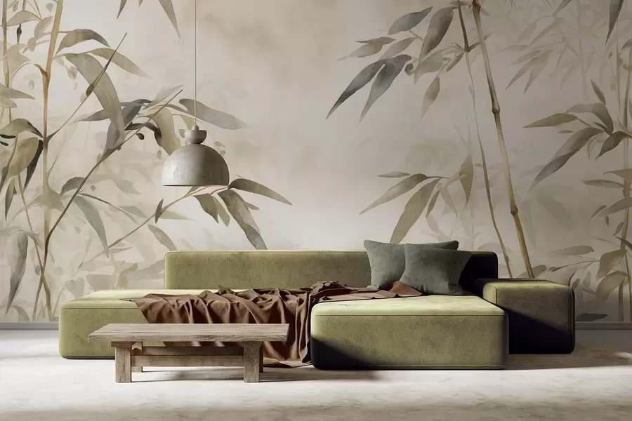 Fototapete Bambus strukturierte Zweige mit Blättern in einem Aquarell-Stil, weiche neutrale Farbpalette, hellbeige Hintergrund w09204