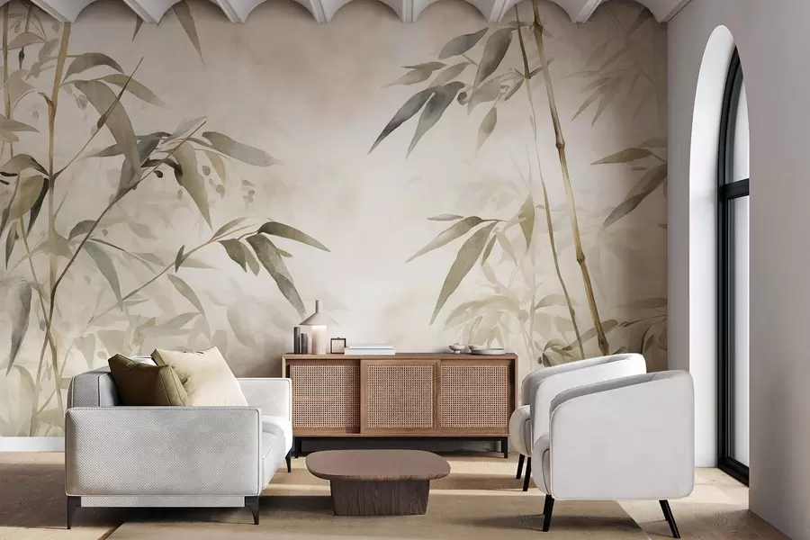 Fototapete Bambus strukturierte Zweige mit Blättern in einem Aquarell-Stil, weiche neutrale Farbpalette, hellbeige Hintergrund w09204