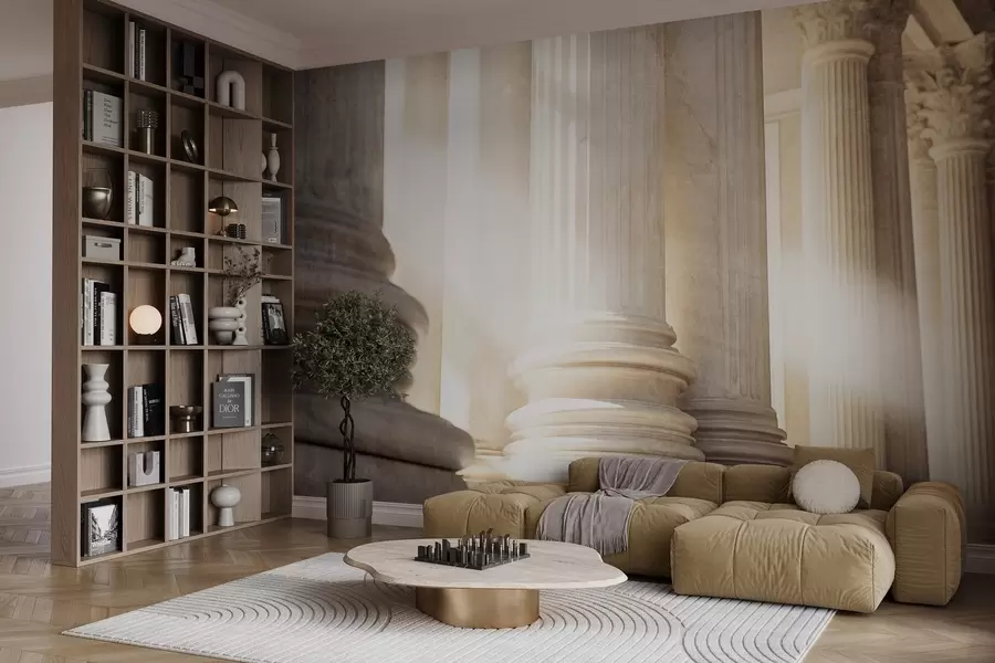 Fototapete Säulen, klassische Architektur, elegantes Design, strukturierte symmetrische Komposition, neutrale Farbpalette w09209