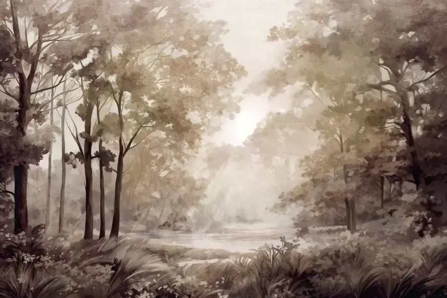 fototapeter Struktureret skovlandskab, træer med beige og brune blade, pastelfarvepalet w09210