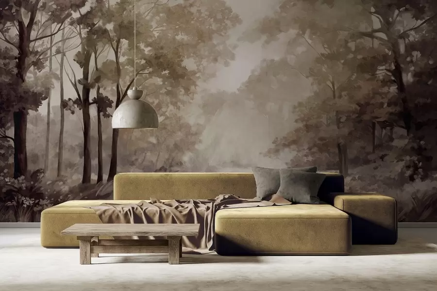 Murale Paysage forestier texturé, arbres aux feuilles beiges et brunes, palette de couleurs pastel w09210