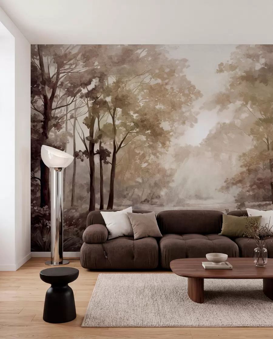 Murale Paysage forestier texturé, arbres aux feuilles beiges et brunes, palette de couleurs pastel w09210