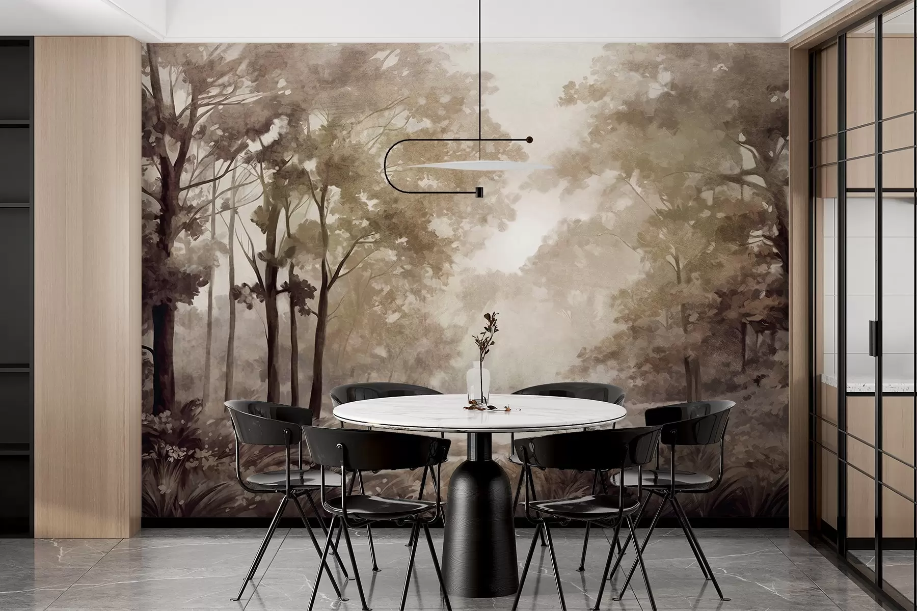 fototapeter Struktureret skovlandskab, træer med beige og brune blade, pastelfarvepalet w09210