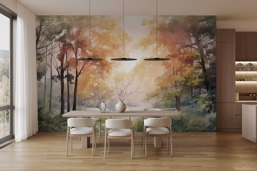 Fototapete Strukturierte Waldlandschaft, Bäume mit orangefarbenen und grünen Blättern, pastellfarbene Palette w09210v1