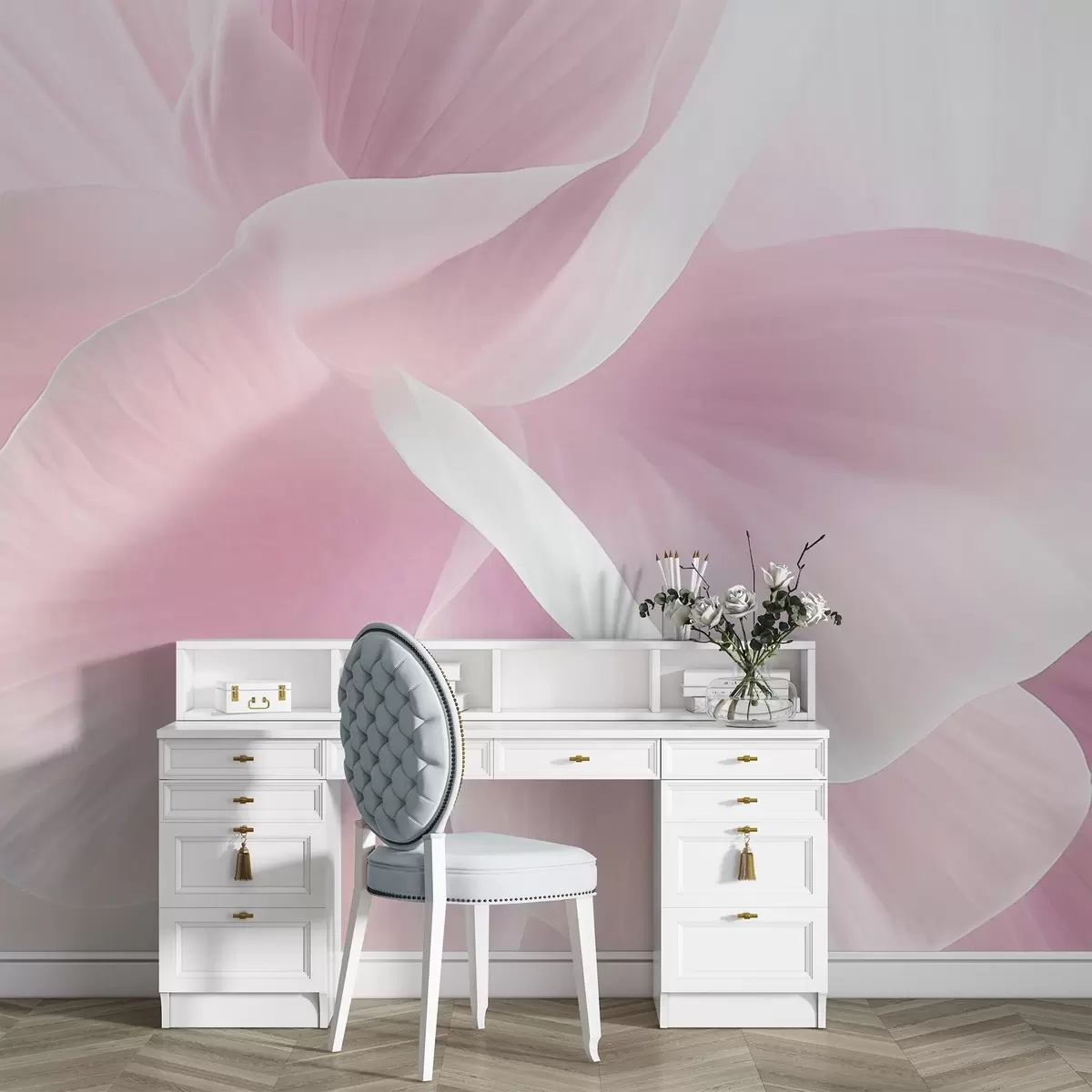 fototapeter Abstrakt struktureret blomst med delikate kronblade, blød belysning, elegant komposition, minimalistisk æstetik w09211v1