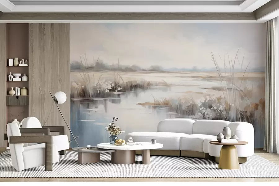 Fototapete Strukturierte, ruhige Landschaft mit hohen Gräsern und ruhigem Wasser, sanfte Pastellfarben, ferne Bäume am Horizont w09213