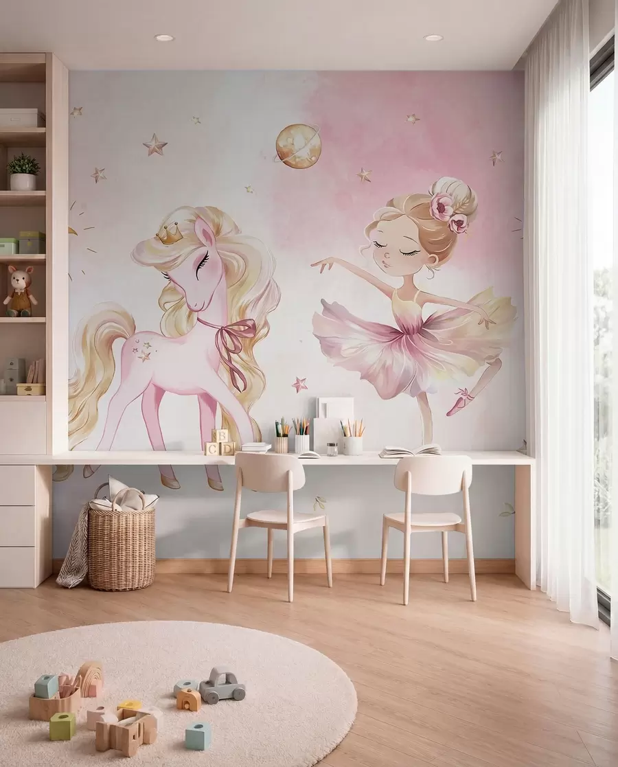 Fototapete Einhorn und Ballerina in einem rosa Märchen, Kindergeschichte w04196