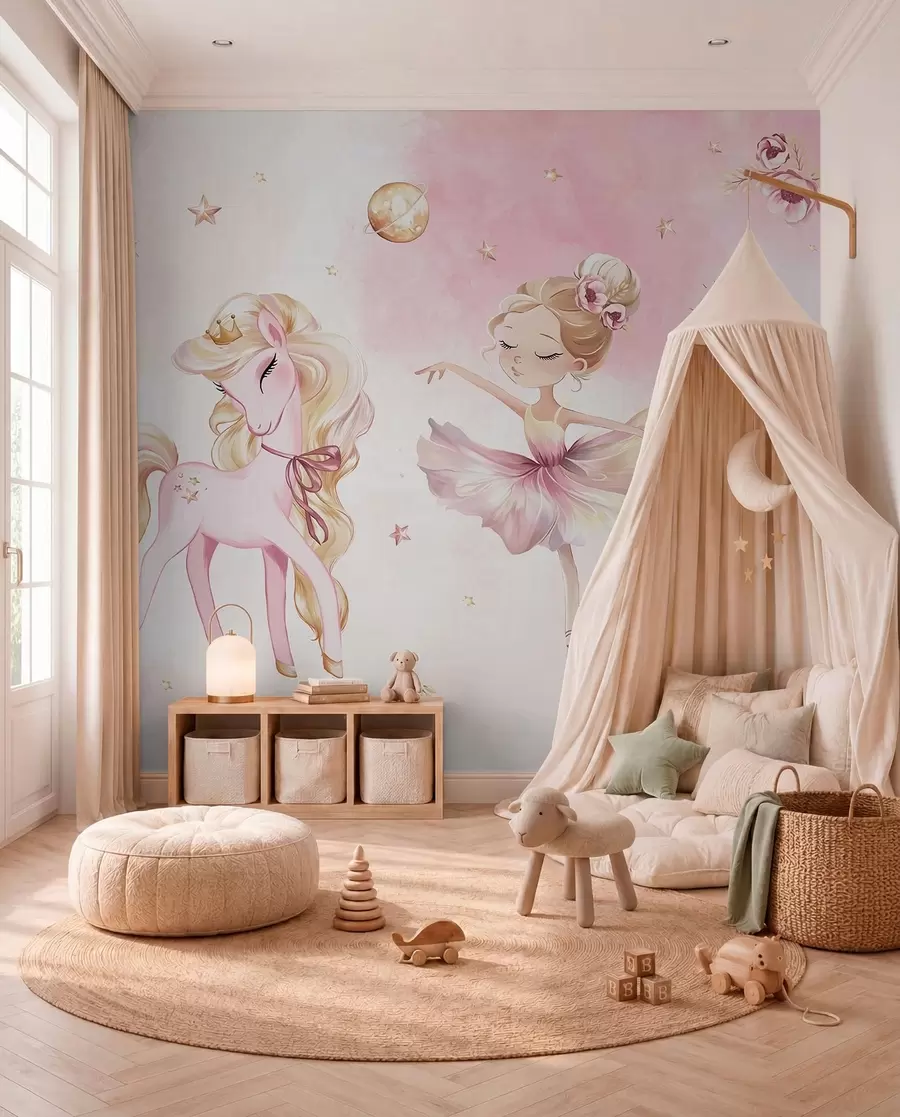 Fototapete Einhorn und Ballerina in einem rosa Märchen, Kindergeschichte w04196
