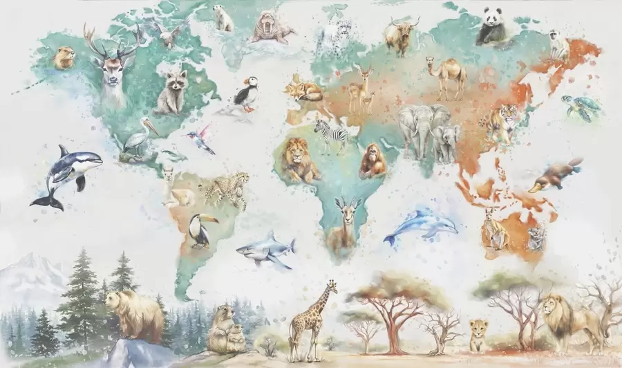 fototapeter Verdenskort med dyr, pædagogisk illustrationsstil for børn w04148