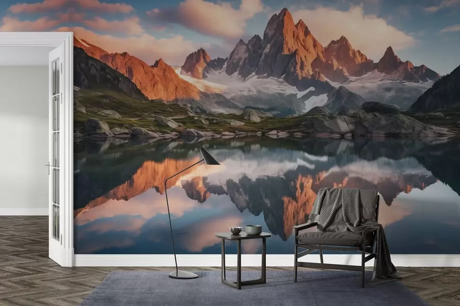 fototapeter Bjerge ved daggry, refleksion i vand, realistisk landskab w04150