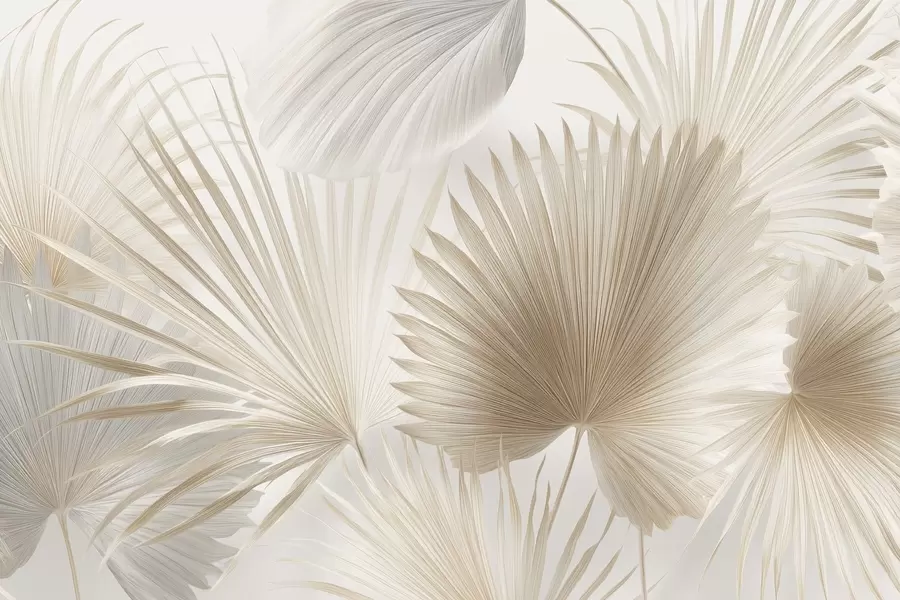 fototapeter Bløde tropiske bladvifter i lyse beige og blålige toner w09084