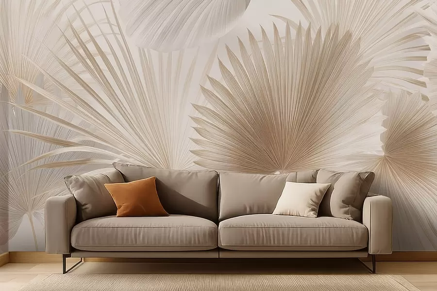 Murale Éventails de feuilles tropicales douces dans des tons beige clair et bleutés w09084