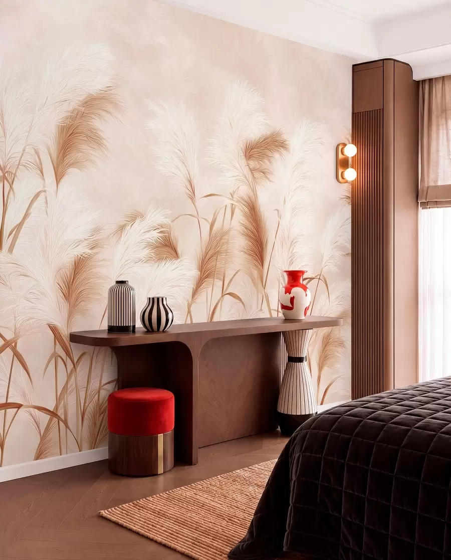 fototapeter Elegant pampasgræs blomstrer i blød beige og mælkeagtige toner w09150v1