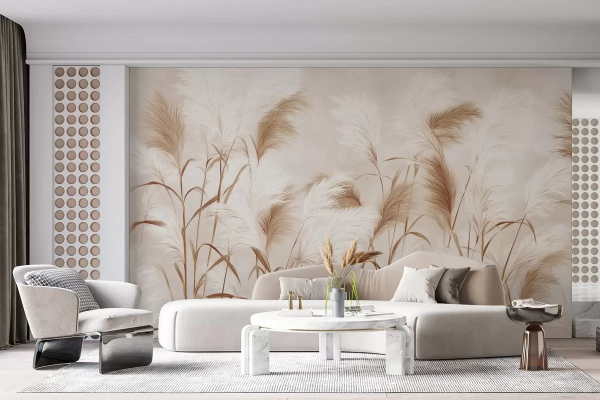 fototapeter Elegant pampasgræs blomstrer i blød beige og mælkeagtige toner w09150v1