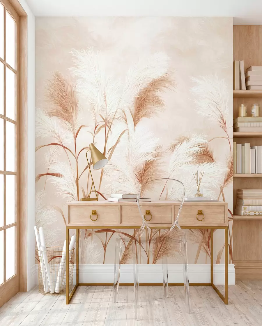 fototapeter Elegant pampasgræs blomstrer i blød beige og mælkeagtige toner w09150v1