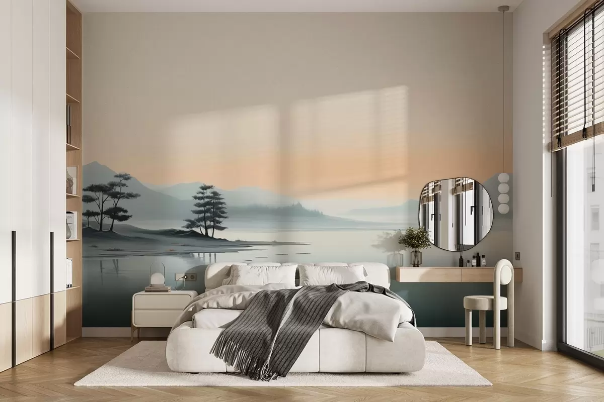 fototapeter Minimalistisk landskab med tågede bjerge og en sø w09151