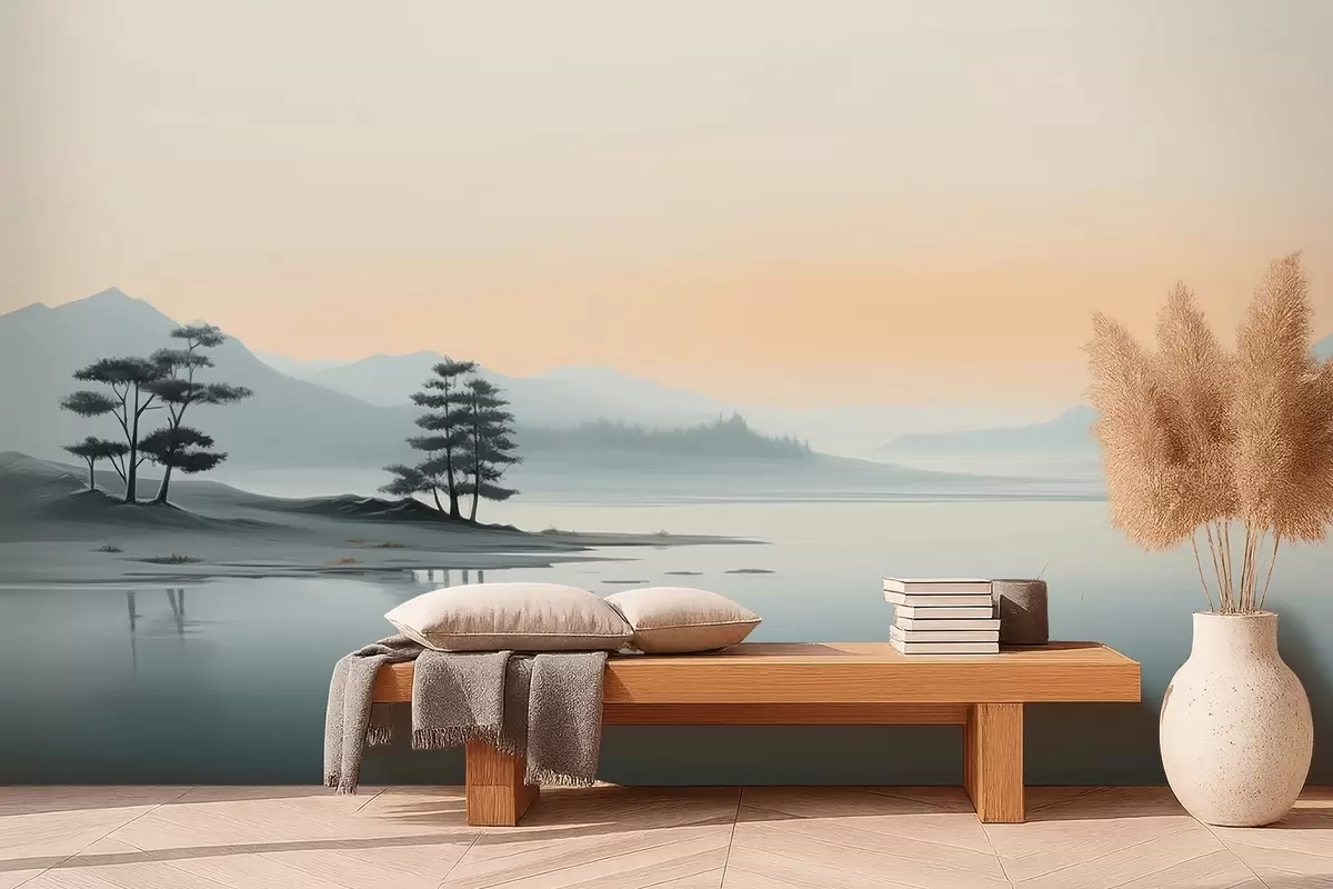 fototapeter Minimalistisk landskab med tågede bjerge og en sø w09151
