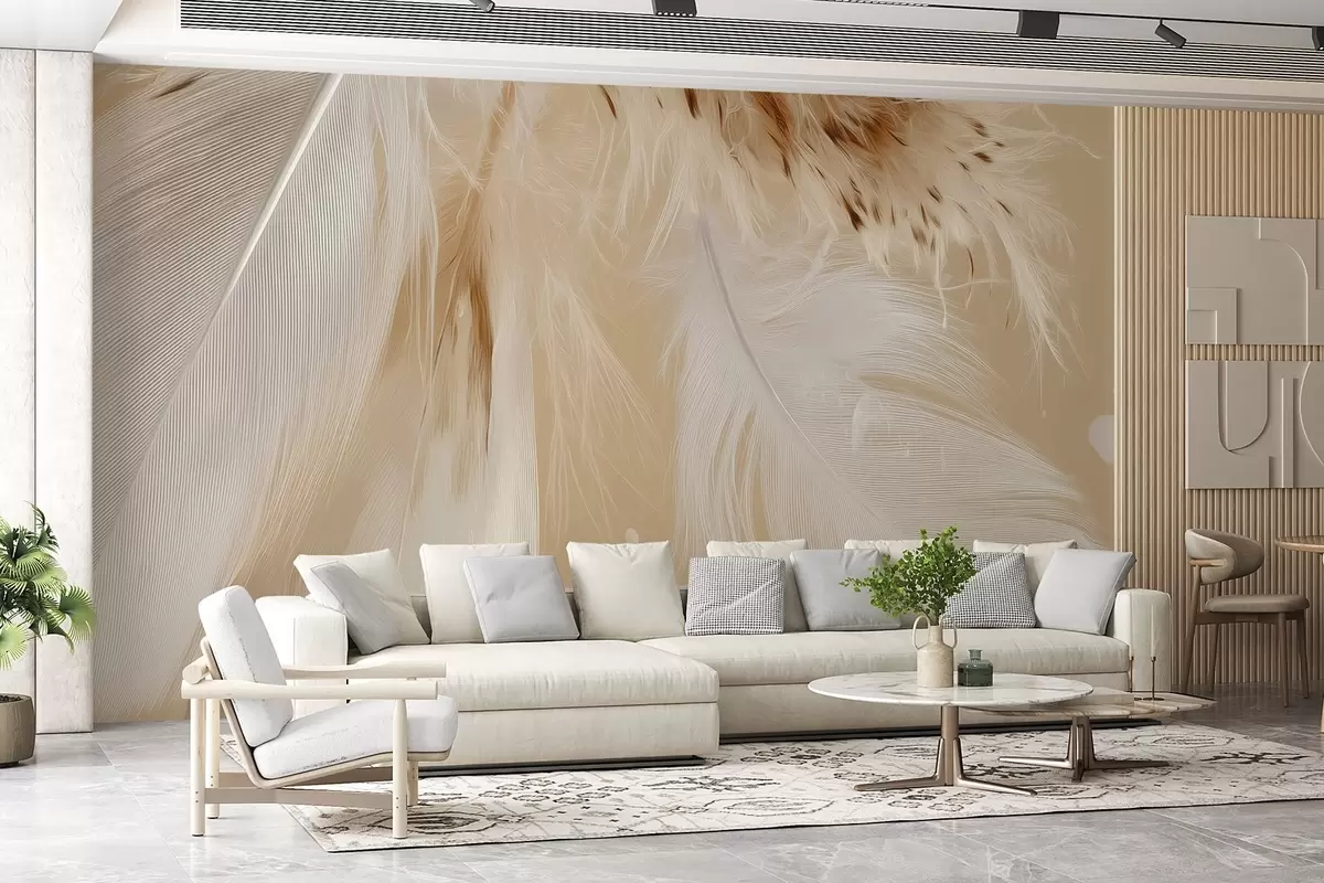 fototapeter Lette fjer i varme beige og hvide toner w09153