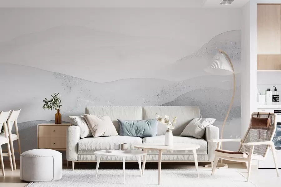 Murale Montagnes brumeuses minimalistes dans des tons bleus doux w09223v2