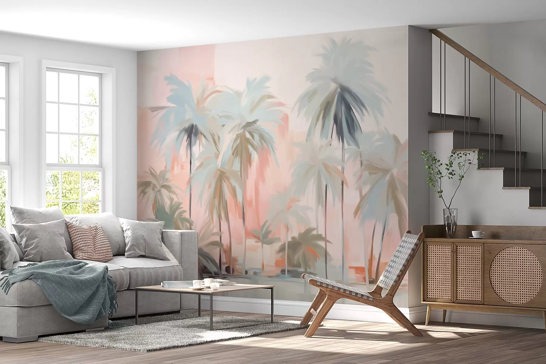 fototapeter Abstrakte minimalistiske pastelfarvede tropiske palmer på en baggrund af bløde rosa og ferskenfarvede nuancer w09212
