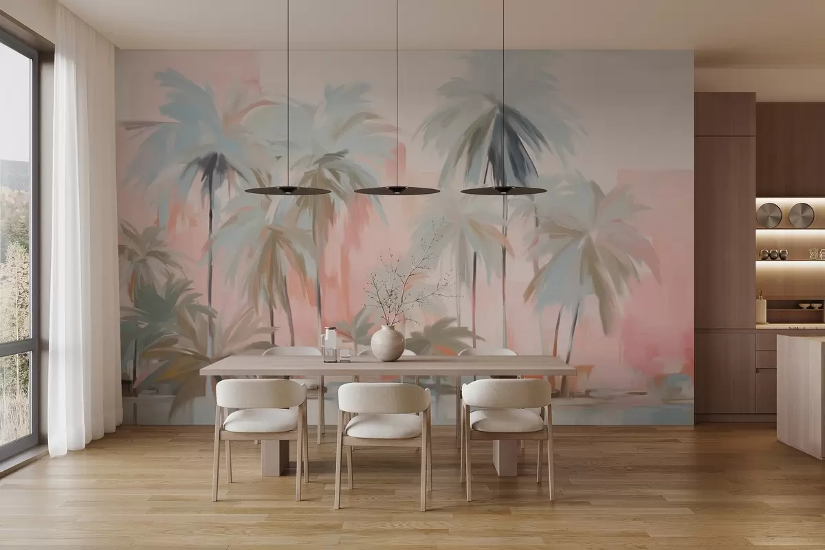 fototapeter Abstrakte minimalistiske pastelfarvede tropiske palmer på en baggrund af bløde rosa og ferskenfarvede nuancer w09212