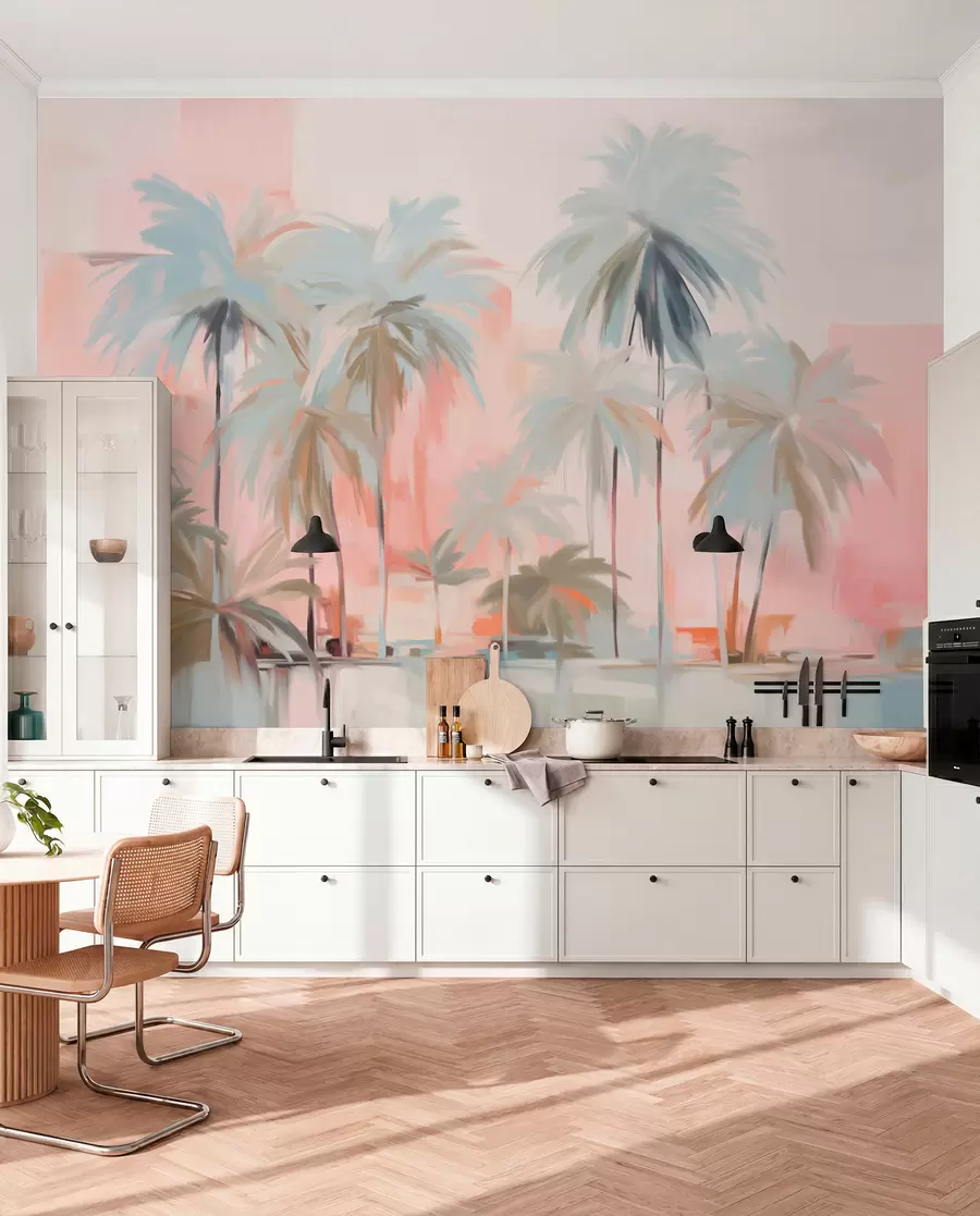 fototapeter Abstrakte minimalistiske pastelfarvede tropiske palmer på en baggrund af bløde rosa og ferskenfarvede nuancer w09212