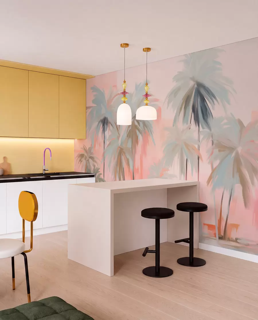 fototapeter Abstrakte minimalistiske pastelfarvede tropiske palmer på en baggrund af bløde rosa og ferskenfarvede nuancer w09212